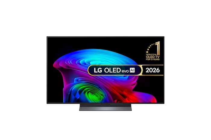 The front view of LG OLED evo AI C6, released in 2026, features a slim black bezel, with a vivid, sculpted swirl of layered rainbow tones flowing across the screen.