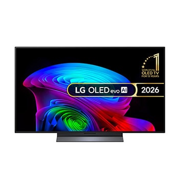 The front view of LG OLED evo AI C6, released in 2026, features a slim black bezel, with a vivid, sculpted swirl of layered rainbow tones flowing across the screen.