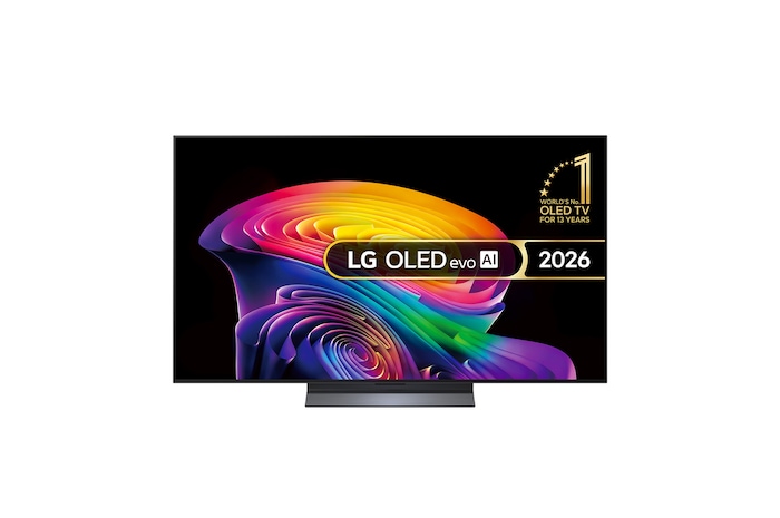 The front view of LG OLED evo AI C6, released in 2026, features a slim black bezel, with a vivid, sculpted swirl of layered rainbow tones flowing across the screen.
