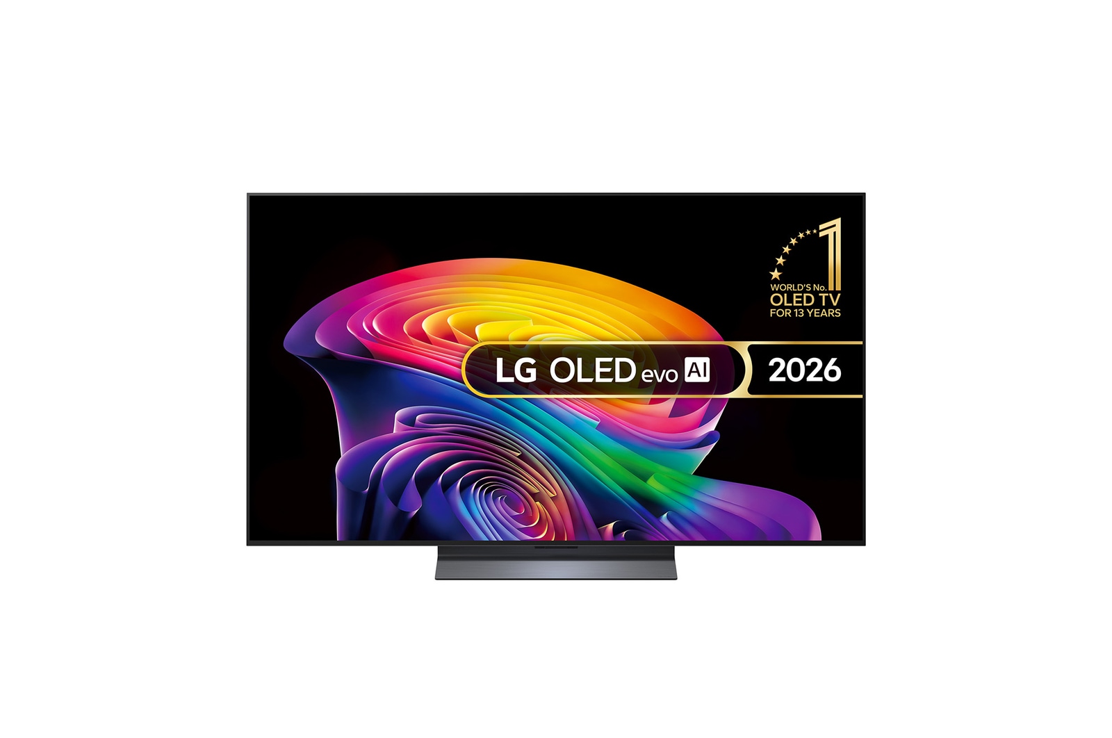 The front view of LG OLED evo AI C6, released in 2026, features a slim black bezel, with a vivid, sculpted swirl of layered rainbow tones flowing across the screen.