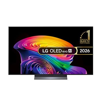 The front view of LG OLED evo AI C6, released in 2026, features a slim black bezel, with a vivid, sculpted swirl of layered rainbow tones flowing across the screen.