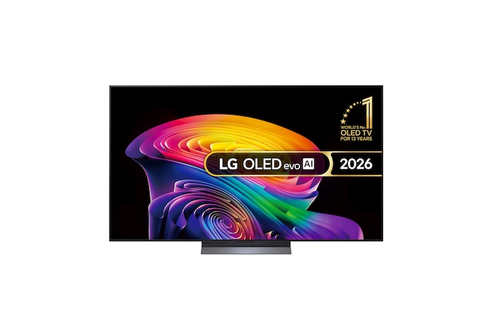 The front view of LG OLED evo AI C6, released in 2026, features a slim black bezel, with a vivid, sculpted swirl of layered rainbow tones flowing across the screen.