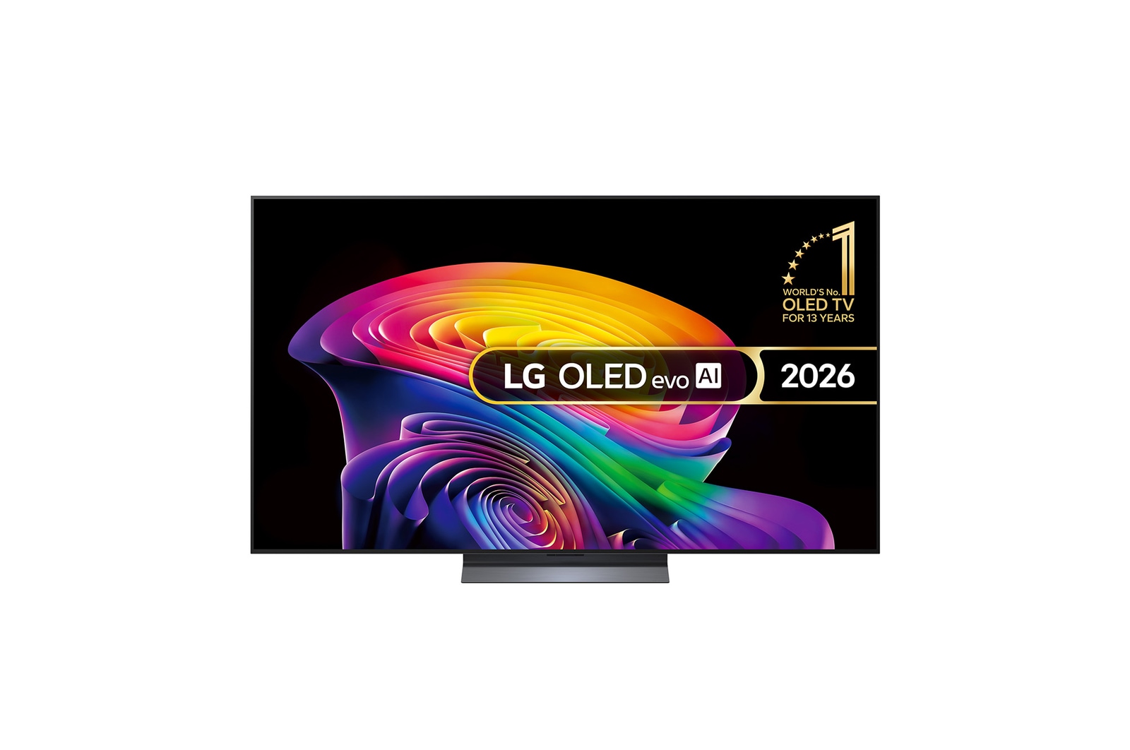 The front view of LG OLED evo AI C6, released in 2026, features a slim black bezel, with a vivid, sculpted swirl of layered rainbow tones flowing across the screen.