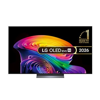 The front view of LG OLED evo AI C6, released in 2026, features a slim black bezel, with a vivid, sculpted swirl of layered rainbow tones flowing across the screen.