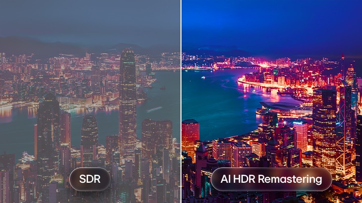 LG QNED evo AI QNED85 Mini LED with AI HDR Remastering is shown in a split cityscape comparison, with SDR on the left and AI HDR Remastering on the right, displaying brighter city lights, deeper contrast, and more vivid detail across the scene.