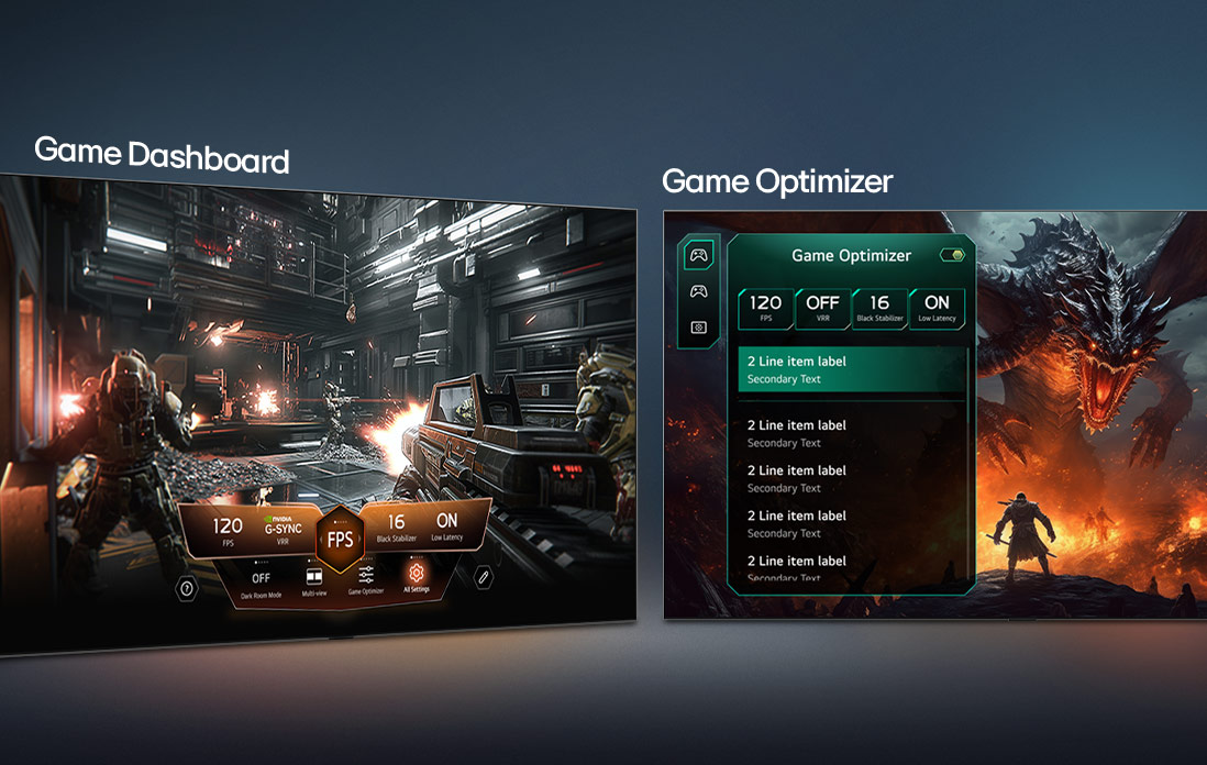 LG QNED evo AI QNED85 Mini LED with Game Dashboard and optimiser shows side-by-side game screens and an on-screen menu for adjusting gameplay settings such as refresh rate, latency, and visual modes in real time.