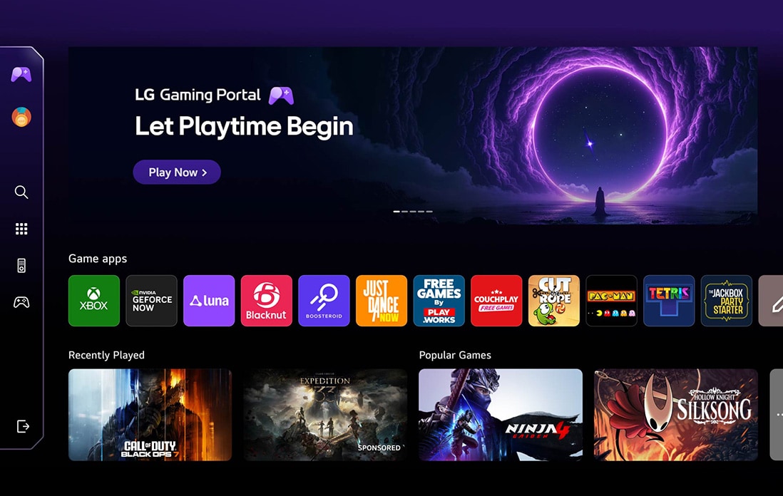 LG QNED evo AI QNED85 Mini LED features the LG Gaming Portal with a gaming hub layout, combining featured content and game tiles in a unified interface that expands to provide access to Xbox Cloud Gaming, GeForce NOW, and webOS game apps.