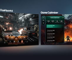 LG QNED evo AI QNED85 Mini LED with Game Dashboard and optimiser shows side-by-side game screens and an on-screen menu for adjusting gameplay settings such as refresh rate, latency, and visual modes in real time.