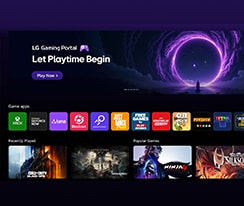 LG QNED evo AI QNED85 Mini LED features the LG Gaming Portal with a gaming hub layout, combining featured content and game tiles in a unified interface that expands to provide access to Xbox Cloud Gaming, GeForce NOW, and webOS game apps.