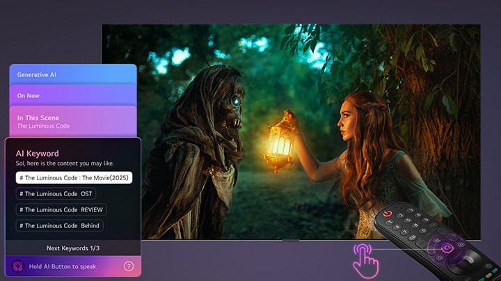 LG QNED evo AI QNED85 Mini LED with AI Concierge shows an AI-based menu overlay on the left side of the movie screen, displaying scene-based content suggestions and AI keywords such as OST and reviews, accessed by a short remote press.