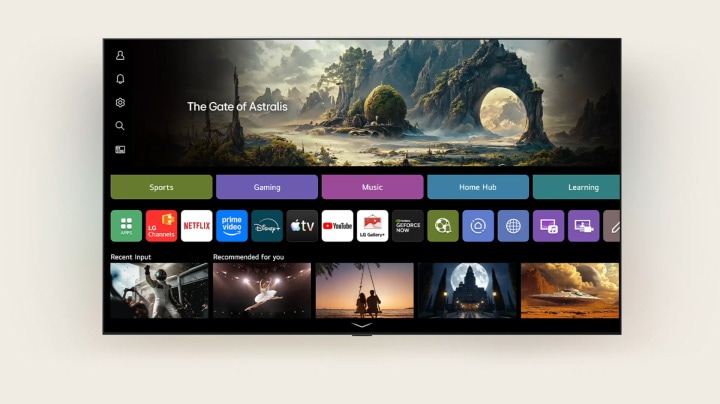 LG QNED evo AI QNED85 Mini LED featuring AI Voice ID with My Page shows the webOS home screen with personalised recommendations tailored to the active user.