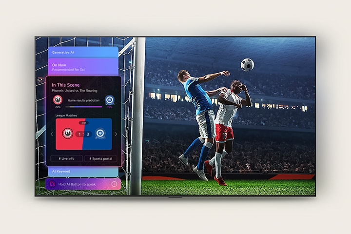 LG QNED evo AI QNED85 Mini LED Sports Forecast by AI Concierge displays a live soccer match with an on-screen AI panel presenting predictions, game insights, and league data, suggesting how AI analyses gameplay to forecast match outcomes.