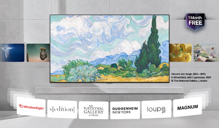 LG QNED evo AI QNED85 Mini LED with LG Gallery+ displays curated artwork in a home interior, featuring artworks in rotation, along with partner museum references and a “1 Month Free” message.