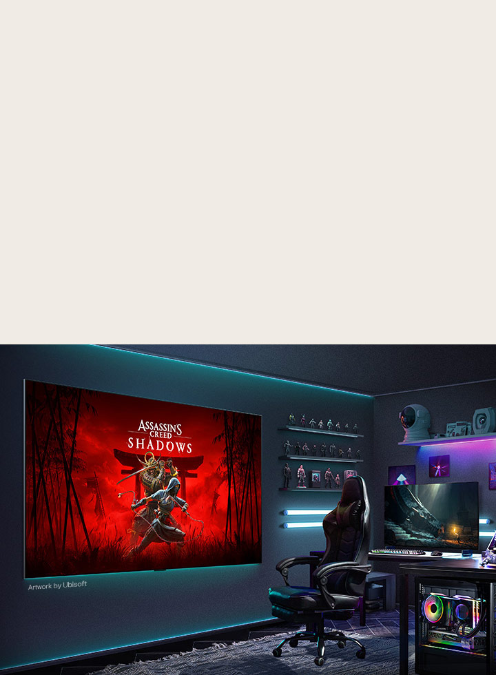 LG QNED evo AI QNED85 Mini LED with LG Gallery+ displays the “Assassin’s Creed Shadows” artwork by Ubisoft on a wall-mounted screen in a dark, immersive gaming room, presented as part of the TV’s art display mode.