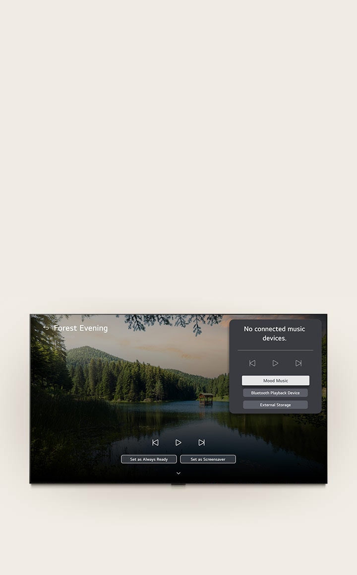 LG QNED evo AI QNED85 Mini LED’s LG Gallery+ with BGM and Music Lounge shows the “Forest Evening” forest lake scene on screen, with a visible music lounge UI panel for mood music, Bluetooth playback, and controls.