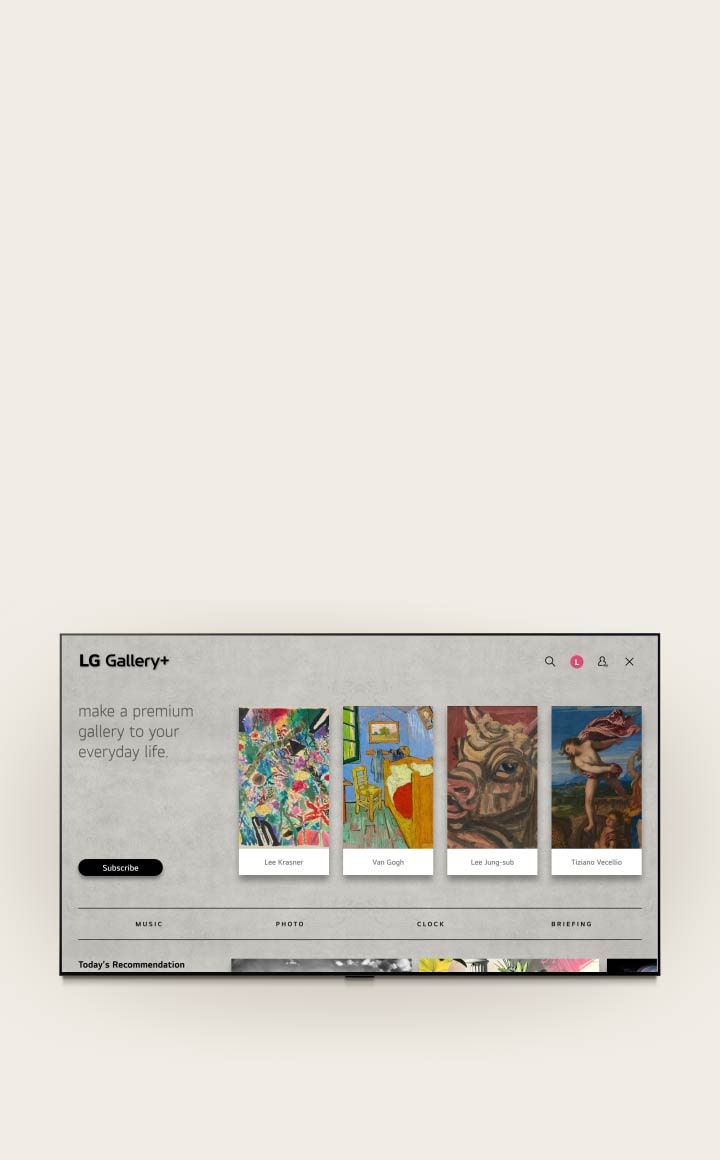 LG QNED evo AI QNED85 Mini LED shows the LG Gallery+ gray interface with a music and theme selection menu, moving from selecting preferences to creating My Album and showing curated artwork.