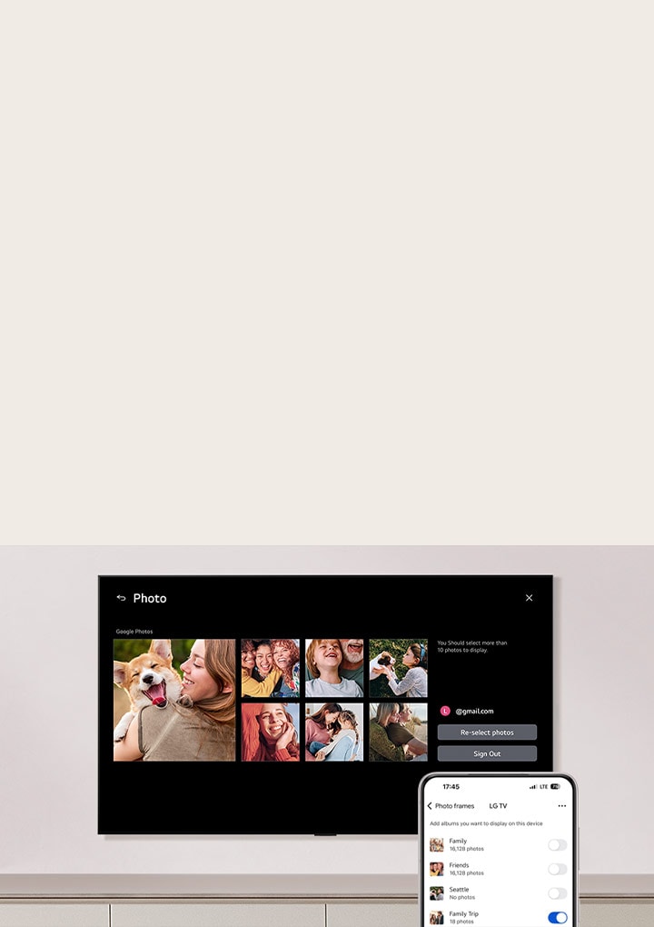 LG QNED evo AI QNED85 Mini LED shows a Google Photos grid of family snapshots, while a phone displays an album list with the Family Trip album toggle switched on.