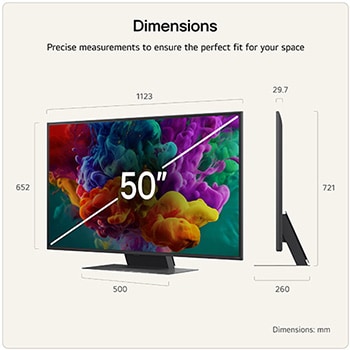 LG QNED evo AI QNED85 Mini LED shown in front and side views highlights a 50-inch display with a 1123 mm-wide screen, 652 mm screen height, 720 mm height with stand, a 29.7 mm slim profile depth, and a stand footprint measuring 941 by 257 mm.