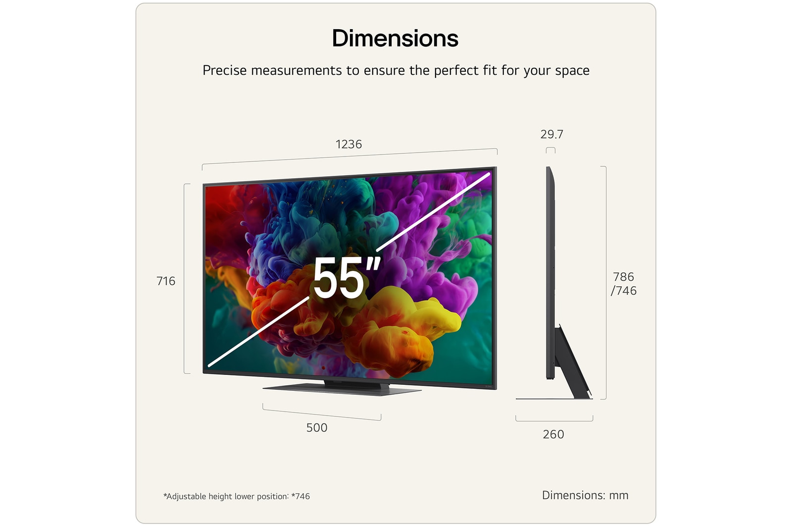LG QNED evo AI QNED85 Mini LED shown in front and side views highlights a 55-inch display with a 1236 mm-wide screen, 716 mm screen height, 783 mm height with stand, a 29.7 mm slim profile depth, and a stand footprint measuring 1074 by 257 mm.