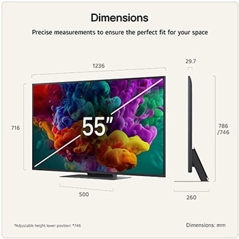 LG QNED evo AI QNED85 Mini LED shown in front and side views highlights a 55-inch display with a 1236 mm-wide screen, 716 mm screen height, 783 mm height with stand, a 29.7 mm slim profile depth, and a stand footprint measuring 1074 by 257 mm.