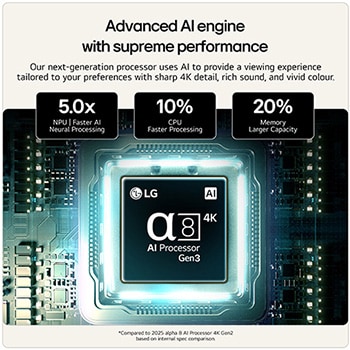 LG QNED evo AI QNED85 Mini LED’s alpha 8 AI Processor 4K Gen3 glows in blue light on a circuit board, highlighting AI processing performance with NPU up to x5.0 faster, CPU 10% faster processing, and 20% larger memory capacity.