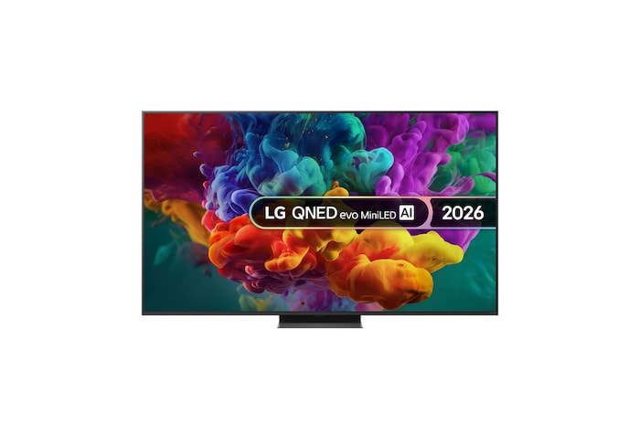 The front view of LG QNED evo AI QNED85 Mini LED, released in 2026, fills the screen with vivid, fluid bursts of multicolored, paint-like motion, as dense clouds of color blend seamlessly across the display.