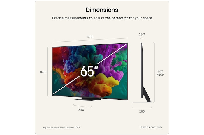 LG QNED evo AI QNED85 Mini LED shown in front and side views highlights a 65-inch display with a 1456 mm-wide screen, 840 mm screen height, 904 mm height with stand, a 29.7 mm slim profile depth, and a stand footprint measuring 1167/425 by 295 mm.