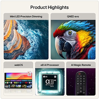 LG QNED evo AI QNED85 Mini LED shown in front and side views highlights a 75-inch display with a 1677 mm-wide screen, 965 mm screen height, 1032 mm height with stand, a 30.9 mm slim profile depth, and a stand footprint measuring 1349/524 by 359mm.