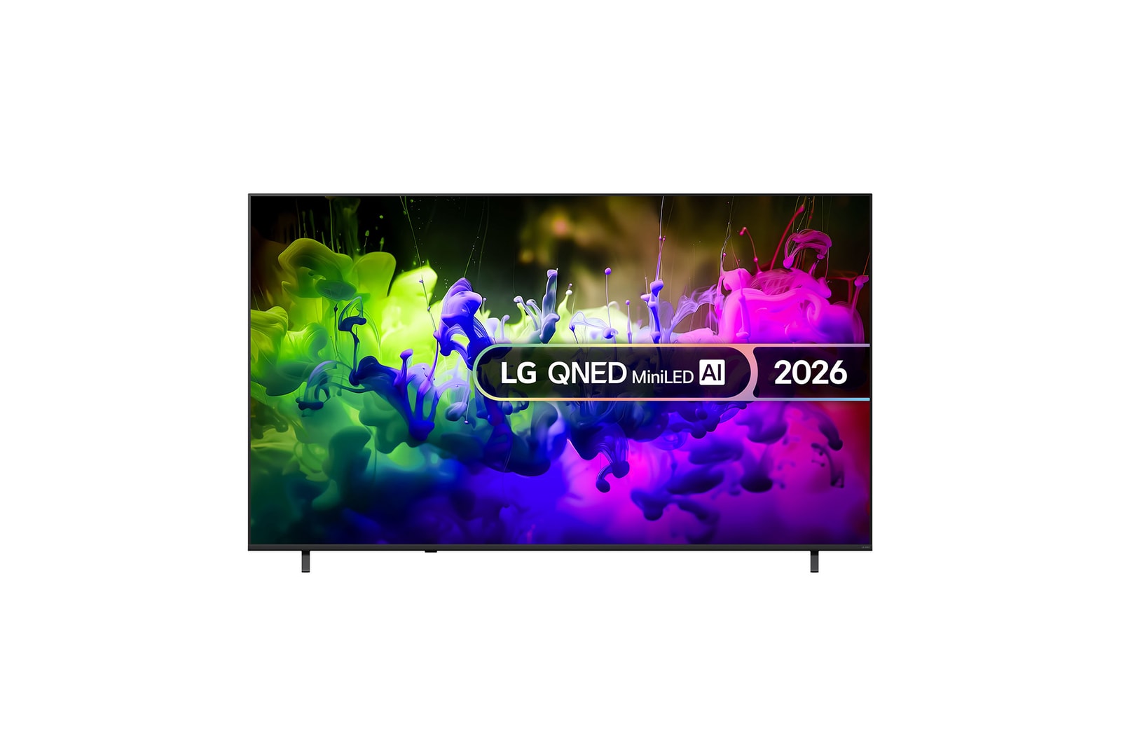 The front view of LG QNED AI QNED70 Mini LED, released in 2026, fills the screen with vivid, fluid splashes of multicolored motion, as finely layered colors disperse smoothly across the display.
