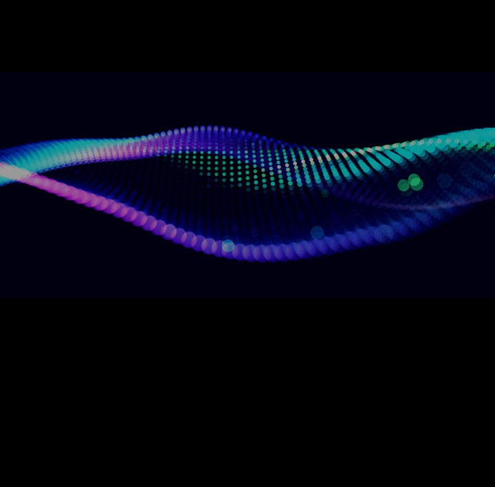 Text vor einem futuristischen abstrakten Hintergrund, der wie Klangwellen aussieht.