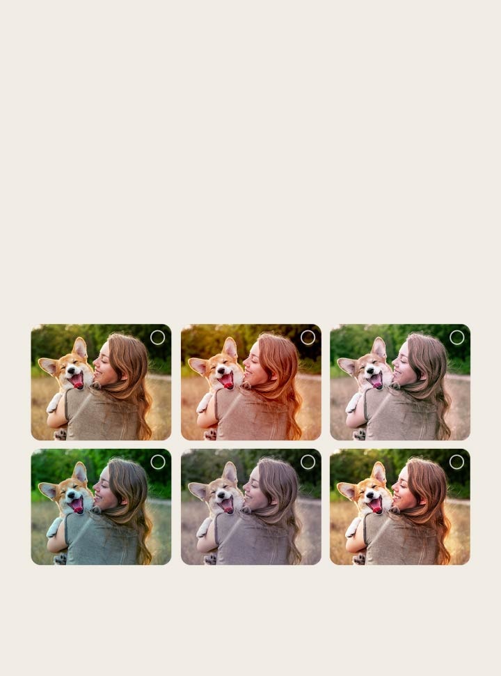 Screen of a user going thBildschirm eines Benutzers, der den Personalisierungsprozess des AI Picture Wizard durchläuft. Es wird eine Reihe von Bildern angezeigt, wobei die Auswahl des Benutzers hervorgehoben wird. Ein Ladesymbol erscheint und ein Querformatbild wird von links nach rechts verbessert. rough the AI Picture Wizard personalization process. Series of pictures are shown with user's selections being highlighted. A loading icon appears and a landscape image is shown being enhanced from left to right.