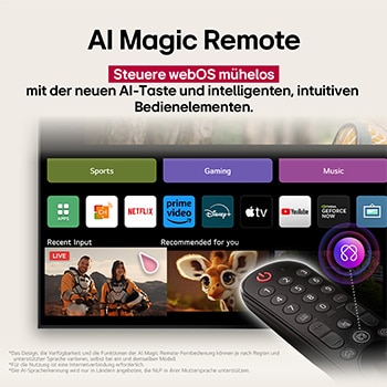 Auf dem Bildschirm eines LG OLED-Fernsehers befindet sich die webOS 25-Startseite, die mit Apps und Unterhaltungsinhalten gefüllt ist. Neben dem Fernseher befindet sich die LG AI Magic Remote-Fernbedienung. Der AI Button ist hervorgehoben, als ob sie durch die Stimme des Benutzers aktiviert wurde. Daneben befindet sich eine Sprechblase, die auf "Mein Profil" umschaltet. Der kurze Text erklärt, wie Nutzer nun ihre Stimme mit ihrem persönlichen Profil synchronisieren können, um eine einfachere Navigation und personalisierte Empfehlungen zu erhalten.