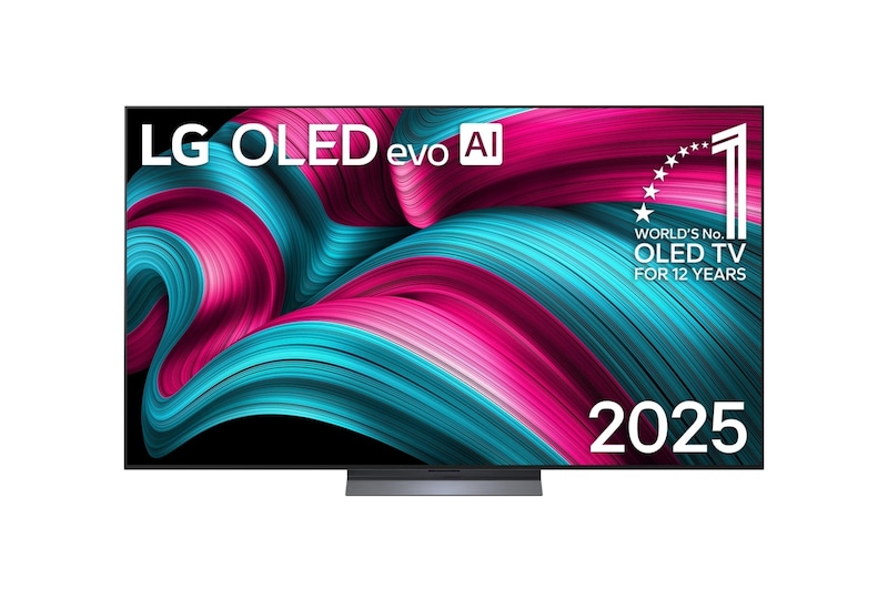 Frontansicht des LG OLED evo AI C5 4K Smart TV. Ein "12 Years of world number 1 OLED"-Emblem und das "LG OLED AI 2025"-Logo sind auf dem Bildschirm zu sehen.