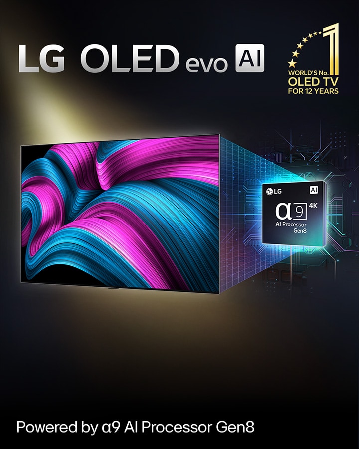 Auf dem Bildschirm eines LG OLED evo AI TVs ist ein abstraktes Bild mit beeindruckenden Details, Farben und Kontrasten zu sehen. Hinter dem Fernseher befindet sich eine vergrößerte Version des alpha 9 Gen8 4K AI-Prozessors. Er leuchtet und die Mikrochip-Schaltkreise um ihn herum sind beleuchtet. Der Titel lautet LG OLED evo AI. Außerdem ist der Text „Powered by LG alpha 9 Gen8 4K AI-Prozessor“ zu sehen. In der Ecke befindet sich ein goldenes Logo mit Sternen, auf dem steht: „World's number one OLED TV for 12 years“.