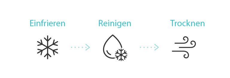 Das Symbol zeigt den Reinigungsvorgang des Innenraums der Klimaanlage mit der Gefrierreinigungsfunktion. (Einfrieren, Reinigen und Trocknen)