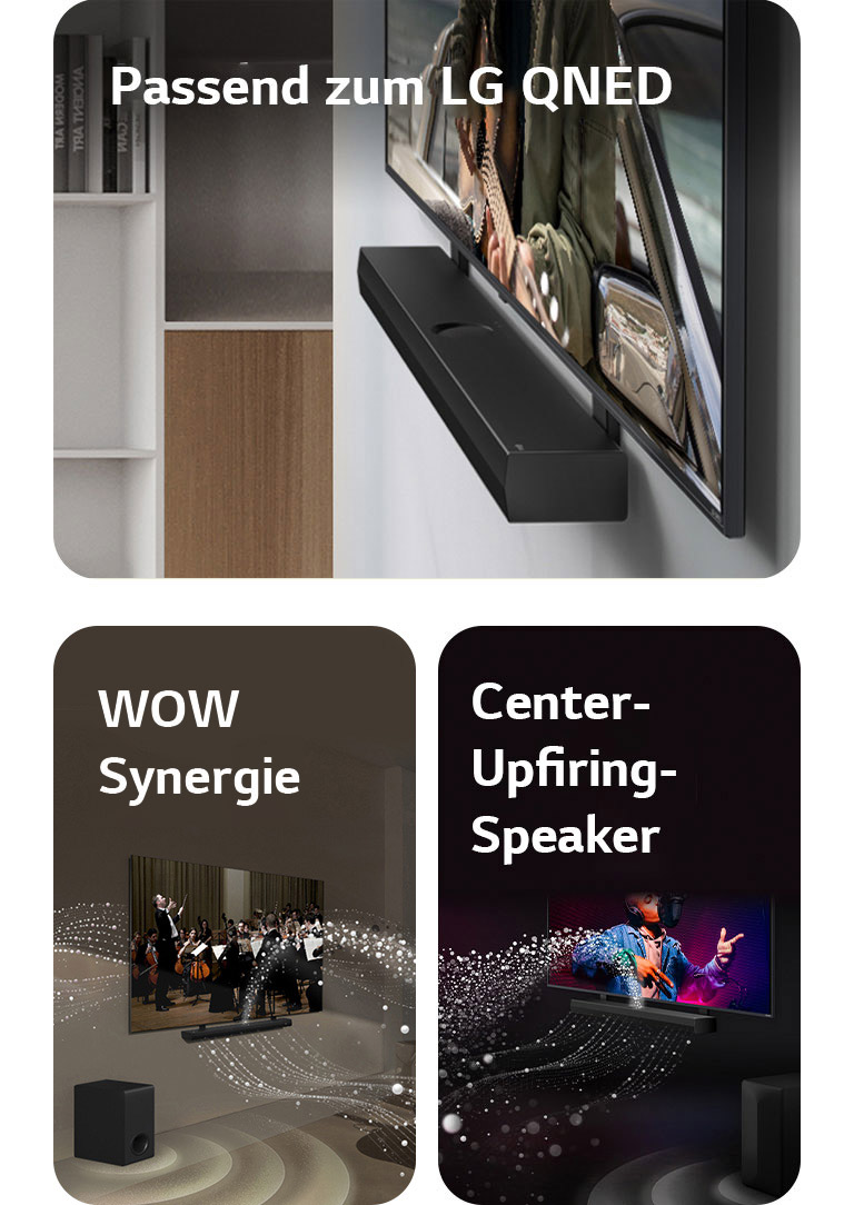 Die LG Soundbar und der LG QNED Fernseher an der Wand mit der passenden QNED-Halterung in einem grauen und hölzernen Wohnraum in schräger Perspektive, wobei ein gitarrespielender Mann vor dem Meer zu sehen ist.