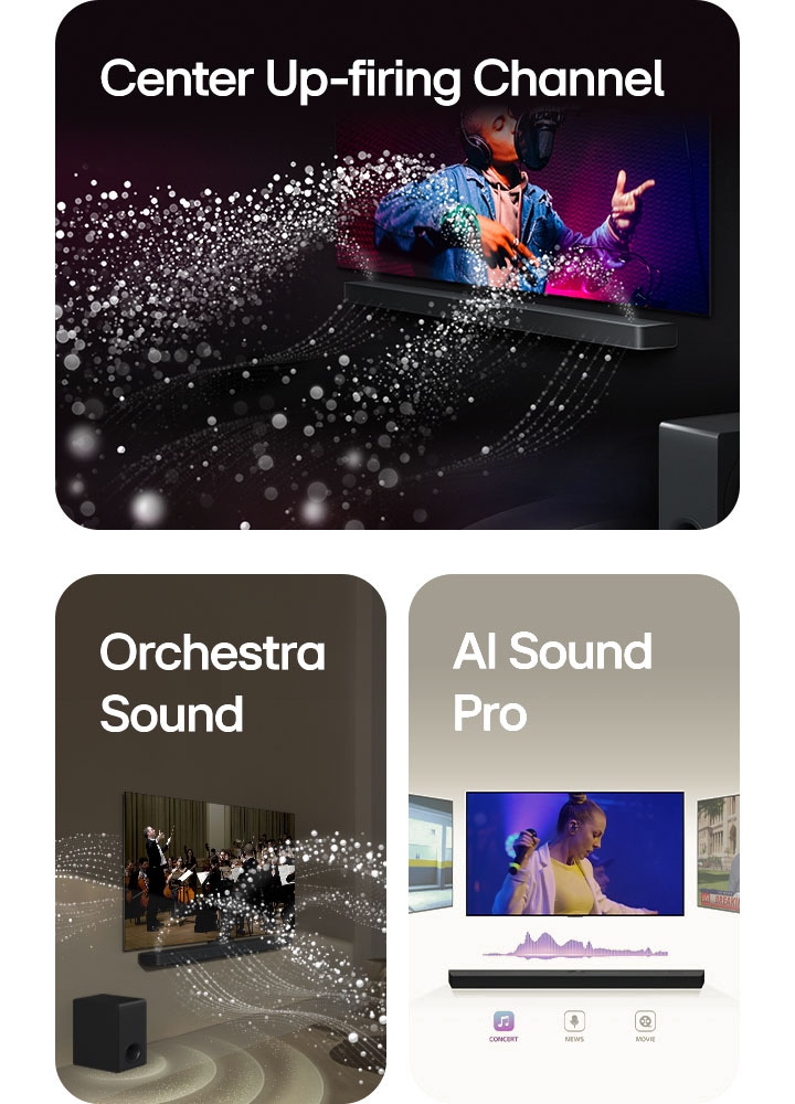 LG TV und LG Soundbar in einem schwarzen Raum bei der Wiedergabe einer Musikaufführung. Von der Soundbar kommen weiße Tröpfchen, die Schallwellen darstellen, nach oben und nach vorne, während der Subwoofer von unten einen Klangeffekt erzeugt.  LG TV und LG Soundbar in einem Wohnzimmer bei der Wiedergabe einer Orchesteraufführung. Von der Soundbar gehen weiße Tröpfchen, die Schallwellen darstellen, nach oben und nach vorne und projizieren vom Fernseher, während der Subwoofer von unten einen Klangeffekt erzeugt.  LG TV, LG Soundbar, hintere Lautsprecher und ein Subwoofer befinden sich in einem Wohnzimmer. Über dem Raum wird ein Raster eingeblendet, das wie ein Scan des Raums wirkt. Weiße Klangwellen aus Tröpfchen zeigen das harmonische Zusammenspiel der hinteren Lautsprecher und der Soundbar.