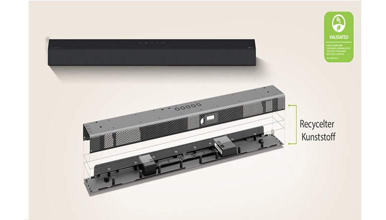 Die Vorderansicht der Soundbar ist im Hintergrund und die Abbildung des Innenlebens der Soundbar ist im Vordergrund zu sehen.