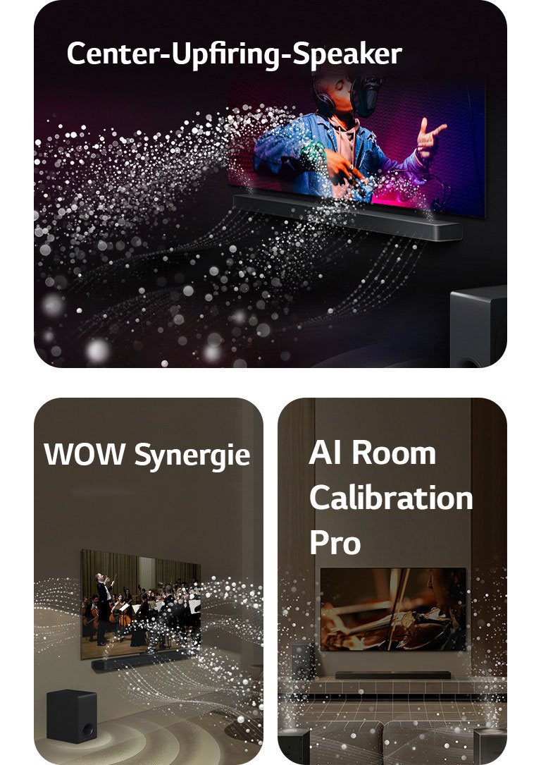 LG TV und LG Soundbar in einem schwarzen Raum bei der Wiedergabe einer Musikaufführung. Von der Soundbar kommen weiße Tröpfchen, die Schallwellen darstellen, nach oben und nach vorne, während der Subwoofer von unten einen Klangeffekt erzeugt.  LG TV und LG Soundbar in einem Wohnzimmer bei der Wiedergabe einer Orchesteraufführung. Von der Soundbar gehen weiße Tröpfchen, die Schallwellen darstellen, nach oben und nach vorne und projizieren vom Fernseher, während der Subwoofer von unten einen Klangeffekt erzeugt.  LG TV, LG Soundbar, hintere Lautsprecher und ein Subwoofer befinden sich in einem Wohnzimmer. Über dem Raum wird ein Raster eingeblendet, das wie ein Scan des Raums wirkt. Weiße Klangwellen aus Tröpfchen zeigen das harmonische Zusammenspiel der hinteren Lautsprecher und der Soundbar.