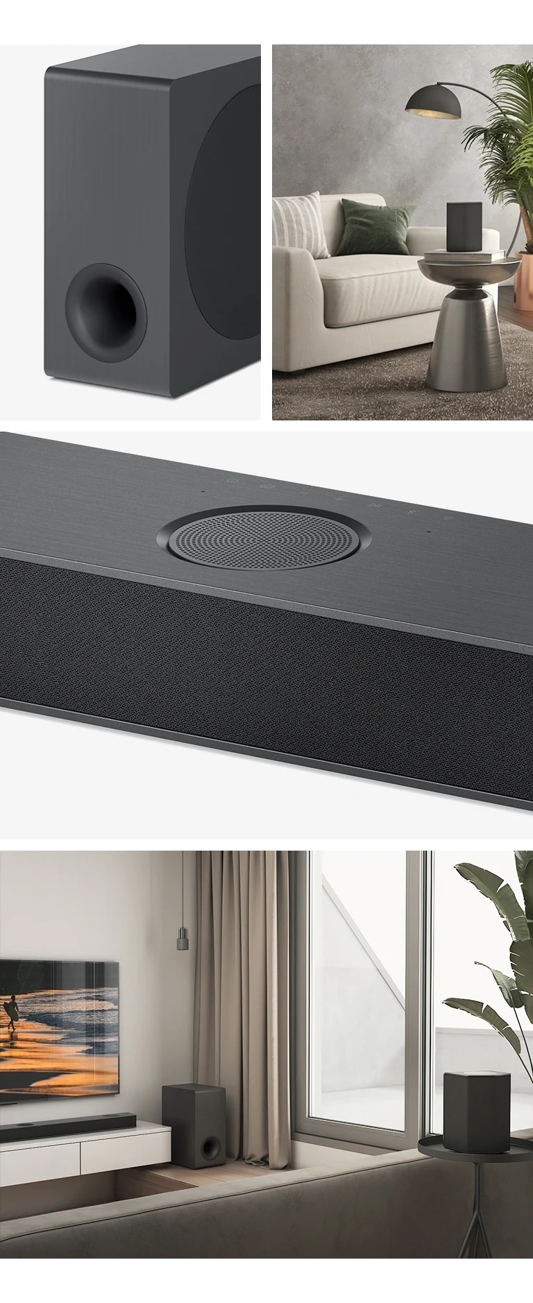 Collage. Von links: Bild des Subwoofers, Nahaufnahme des LG TV mit einer Bergansicht auf dem Bildschirm; die LG Soundbar befindet sich darunter. Rechts, im Uhrzeigersinn von oben nach unten: Nahaufnahme des mittleren Upfiring-Kanals. In einem Wohnzimmer befinden sich eine LG Soundbar, ein Subwoofer und ein LG TV, der einen Strand bei Sonnenuntergang zeigt.