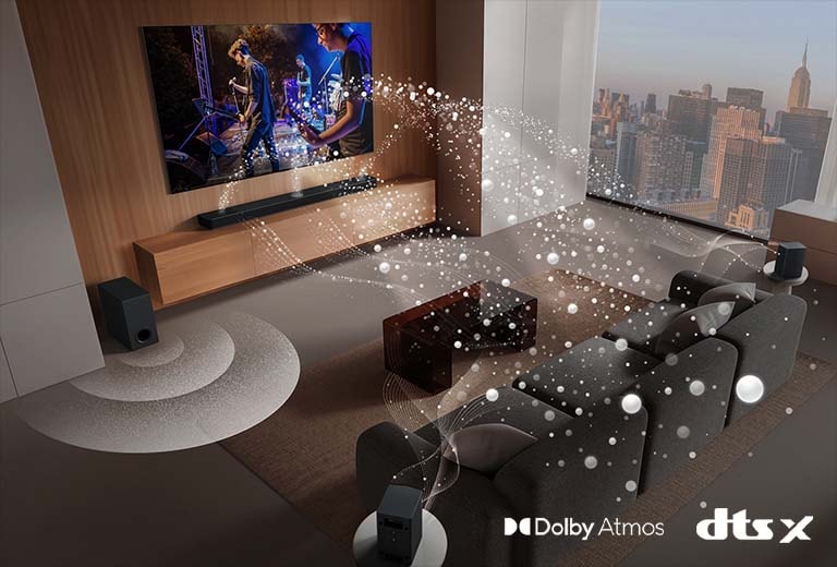 Macht dein Heimkino-Setup komplett: 5.1.3-Kanal-Surround-Sound mit 580 Watt, Subwoofer und Rücklautsprecher. Dolby Atmos und DTS:X sorgen zusätzlich für völlige Immersion.