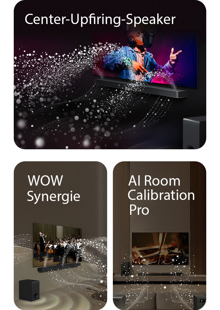 Ein Bild eines LG TVs und einer LG Soundbar in einem schwarzen Zimmer, wobei eine Musikaufführung abgespielt wird. Weiße Tröpfchen, die Schallwellen darstellen, schießen von der Soundbar wie bei deinem Wasserfall nach oben und nach vorne.  Ein Bild eines LG TVs und einer LG Soundbar in einem Wohnzimmer, wobei eine Musikaufführung abgespielt wird. Weiße Tröpfchen, die Schallwellen darstellen, schießen von der Soundbar nach oben und nach vorne und werden vom Fernseher projiziert, um die einzigartigen Klangpaletten der Lautsprecher des Fernsehers und der Soundbar zu zeigen.