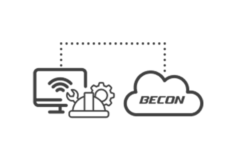 Ein Monitor mit einem WLAN-Symbol auf der linken Seite und Zahnradsymbolen auf der Vorderseite ist mit dem LG BECON Cloud-Symbol auf der rechten Seite mit einer grauen gepunkteten Linie verbunden. 