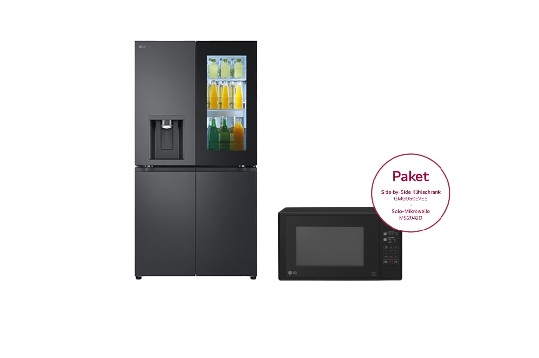 LG Multi Door mit InstaView® | Eis-, Crushed Ice- und Wasserspender | 638 Liter Kapazität | ​Energieeffizienzklasse ​E​ | Festwasseranschluss | GMG960EVEE & Solo-Mikrowelle mit Smart Inverter Technologie | EasyClean | 20 Litern Kapazität | Leistung: 700 Watt | MS2042D, GMG960EVEE.MS2042D