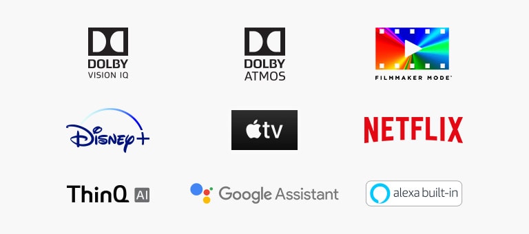 Logo von DOLBY VISION IQ  Logo von DOLBY ATMOS Logo von FILMMAKER MODE Logo von Disney+ Logo von Apple TV Logo von NETFLIX Logo von LG ThinQ Logo von Google Assistant Logo von alexa built-in