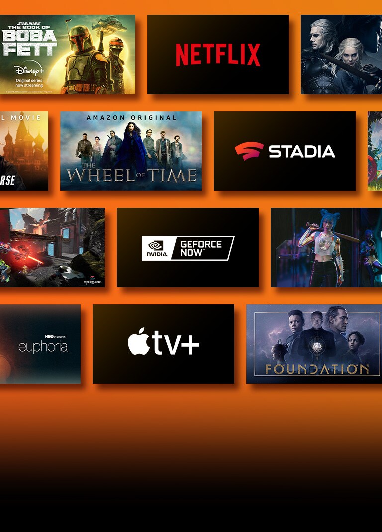 Die Logos der Streaming-Dienste sind abgebildet und daneben die passenden Ausschnitte aus Filmen und Serien. Netflix-Logo mit Haus des Geldes und The Witcher. Disney-Logo mit Das Buch von Boba Fett Stadia-Logo mit Journey to the Savage Planet und The Legend of Heroes: Trails of Cold Steel III. Prime-Video-Logo mit Tom Clancy’s Gnadenlos und Das Rad der Zeit. LIVENow-Logo und mamamoo-Teaserbild und OneUs-Teaserbild. NVIDIA-Geforce-Now-Logo mit Ausschnitten aus den Spielen Cyberpunk 2077 und Splitgate. Apple-TV-plus-Logo mit Foundation und Finch. 