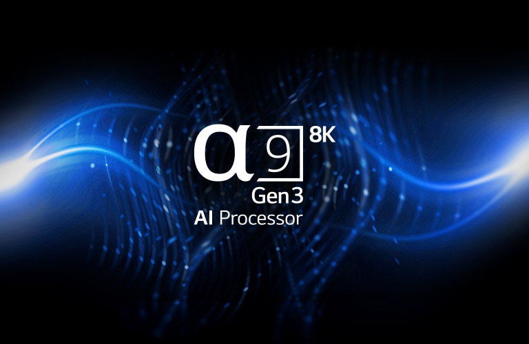 Logo des α9 AI Processor der 3. Generation vor einer schwarzen und blauen Hintergrundgrafik