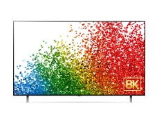 Der Nano99 mit kleinen Farbkugeln auf dem Display, die vom unteren Bildschirmrand aus aufsteigen, und dem 8K-Logo in der rechten unteren Ecke.