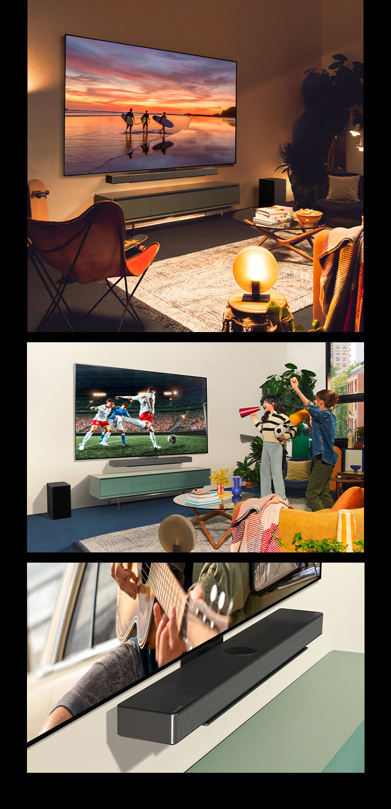 Profilansicht des LG OLED evo C4 mit einer abgebildeten Landschaftsfotografie in einem Wohnzimmer im legeren Boho-Stil mit warmem Licht.   Zwei Frauen sehen sich begeistert ein Fußballspiel am LG OLED evo C4 in einem hellen und legeren Wohnzimmer an. Die LG Soundbar SC9 schließt nahtlos an den Fernseher an.   Eine Schrägansicht des LG OLED evo C4 mit angeschlossener LG Soundbar SC9 mit Wandhalterung. 