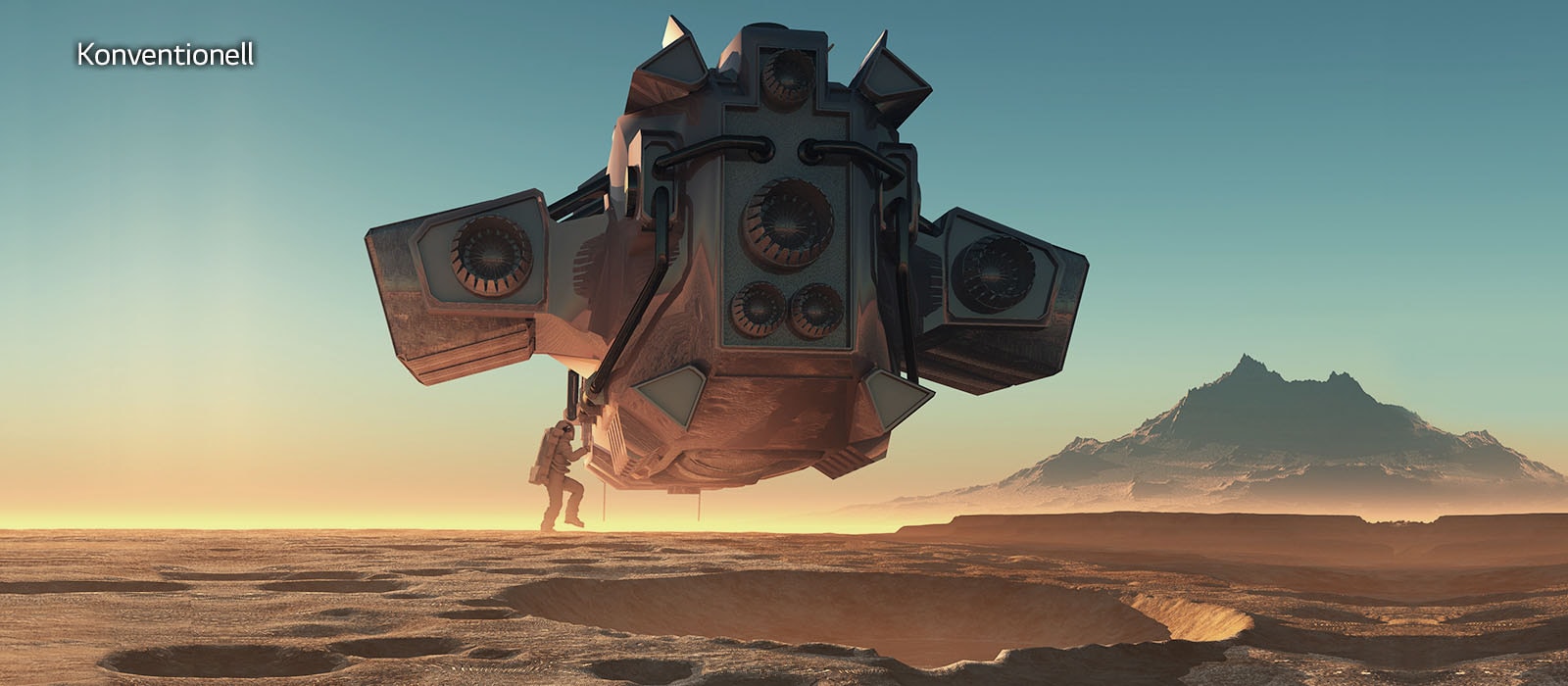 Bild eines Raumschiffs, das über einem Krater auf einem kargen Planeten schwebt. Durch Scrollen von links nach rechts wird der Unterschied in der Farbe deutlich, wenn das Bild auf einem herkömmlichen LCD-Display im Vergleich zum LG QNED Mini LED betrachtet wird.